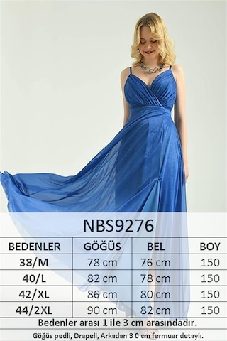 Neşeli Butik Kadın Mavi Simli Tül Kumaş Askılı Uzun Abiye Nbs9276 Mavi