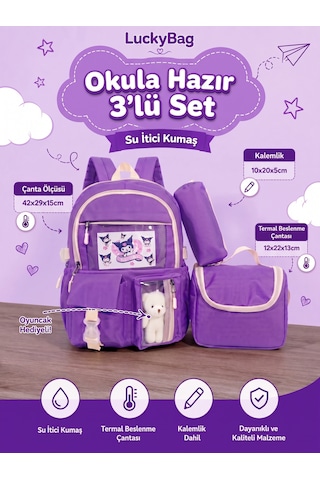 Kore Kawaii Tarzı Erkek Kız Okul Çantası Aksesuarlı Kız Çocuk Ve Erkek Çocuk Sırt Çantası 3'lü Set Mor