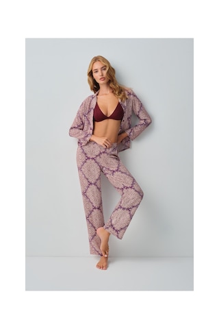 Suwen Harper Gömlek Yaka Pijama Takımı Wsh10510047662 Bordo Desenli