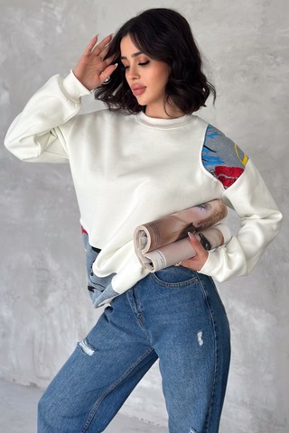 Femelle Kadın Beyaz Şardonlu Tasarım Kot Detaylı Sweatshirt