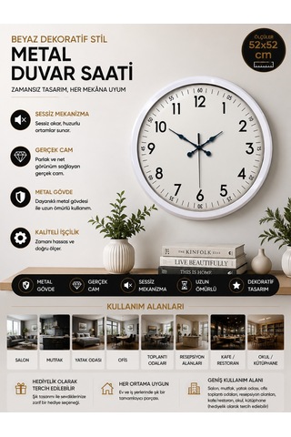 Almira Duvar Saati 52 Cm Beyaz Metal Dekoratif Duvar Saati