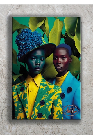 Tekli Dikey Kanvas Tablo İki Afrikalı Model Çok Renkli Dekoratif Kanvas Duvar Tablosu