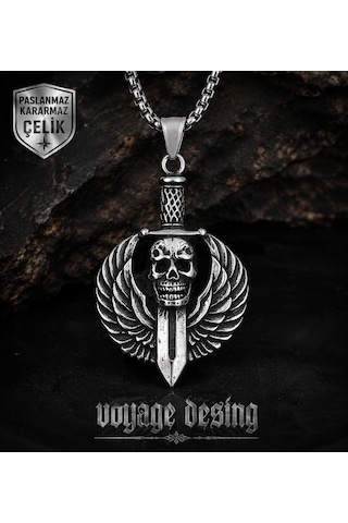 Paslanmaz Çelik Box Zincirli Gotik Tarz Darts Wings Kurukafa Kolye Gümüş