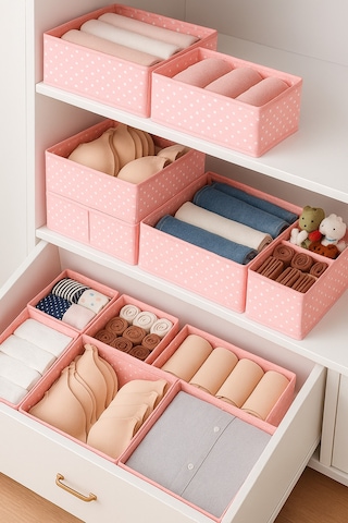 Serstil 6'lı Çekmece Içi Düzenleyici Organizer Set - Çok Amaçlı Dolap Içi Kutu Seti - Pembe Benekli Pembe Puantiye