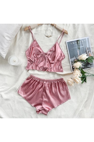 Buz İpek Atlet Pijama Kadın Moda İki Parça Ev Giyim İnce Ev Askılı Şort Takımı Pembe