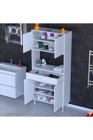 Modilayn Arda Banyo Dolabı 70x173x32,5cm 1 Çekmece 4 Kapak Ve 7 Raflı İhtiyaca Uygun Kolay Kurulum Beyaz