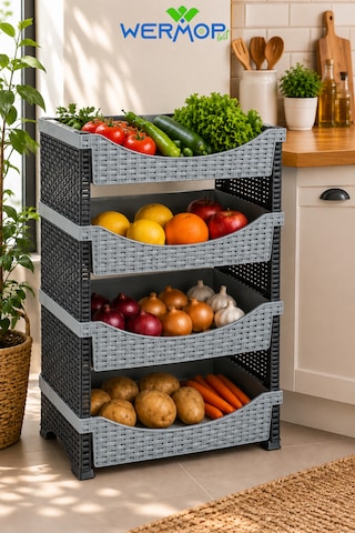4 Katlı Rattan Görünümlü Plastik Sebzelik Bej Mutfak Organizer Raf - Gümüş