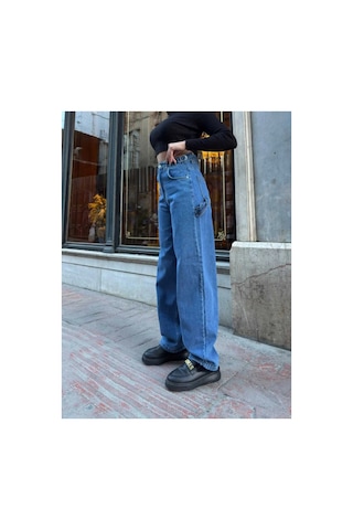 Kene Jeans Yüksek Bel Mavi Yan Kemer Tokalı Kargo Cep/baggy Bol Paça Jeans Mavi
