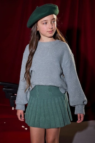 Kız Çocuk Saç Örgüsü Desenli Pileli Triko Etek - Yeşil Yesıl
