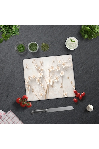 Cam Kesme Tablası - Cam Kesme Tahtası Beyaz Çiçek 29cm X 34cm