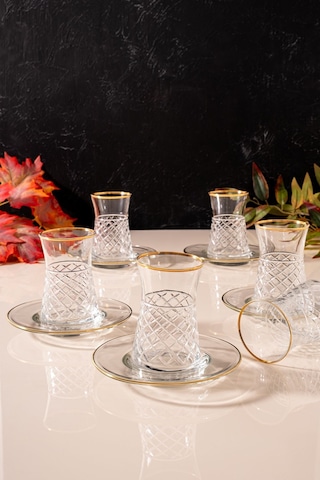 Mest Lura 12 Parça 6 Kişilik Yaldızlı Çay Bardağı Seti 132 Cc - Zarif Ve Şık Sunum Çizgili Gold