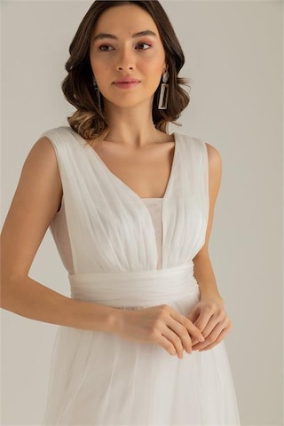 Dipmoda Kadın Beyaz Drapeli Tül Abiye Elbise Dp2030 Beyaz