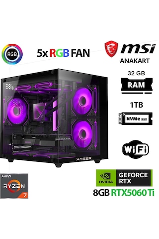 Xaser Cube X70 R7-5700X 32 GB 1 TB M.2 Nvme SSD 8 GB RTX5060Tİ Free Dos Masaüstü Oyuncu Bilgisayarı