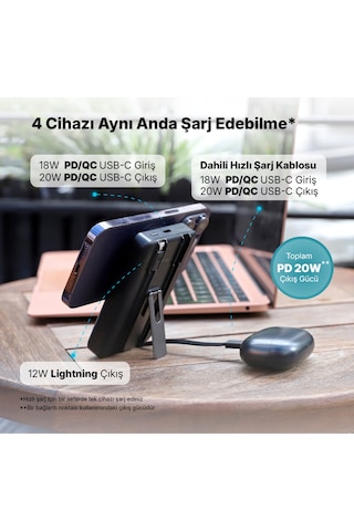 Ttec 2BB237S Recharger M 10.000 mAh Magsafe Uyumlu PD 20W Lightning Ve USB-C Dahili Kablolu Stantlı Powerbank