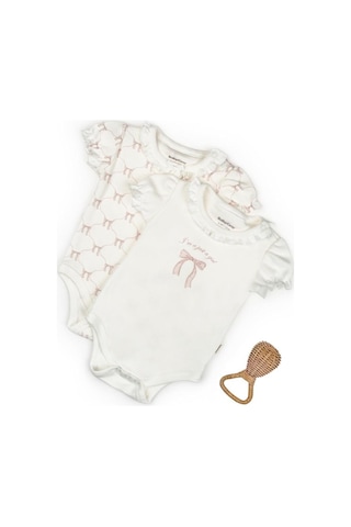 BabyCosy Organic Wear Bebek 2li Kısa Kollu Zıbın Body - Bebek, Yenidoğan %100 Organik Pamuk - Csy8168 Pudra