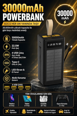 30000mah Güneş Enerjili Powerbank 22.5w Hızlı Şarj 4 Usb Çıkışlı Dahili Kablolu Taşınabilir Harici Batarya 30.000 Mah