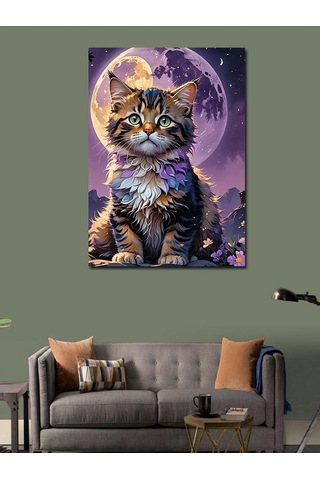Kanvas Tablo Yavru Kedi Ve Dolunay 100cmx140cm