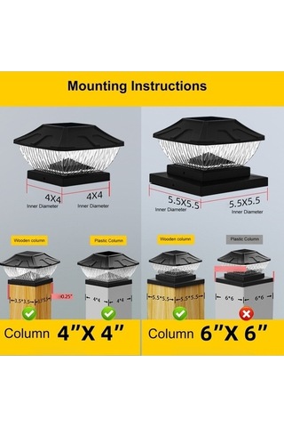 Opulentliving Güneş Enerjili Bahçe Aydınlatma - Ip65 Su Geçirmez 6x6 Sütun Lamba, 600mah Pil Siyah Siyah