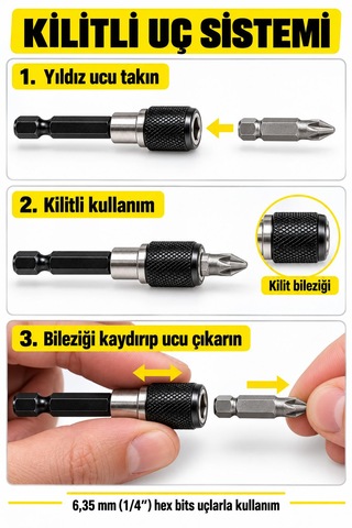 3 Parça Kilitli Manyetik Bits Uç Uzatma Seti 60 / 100 / 150 Mm