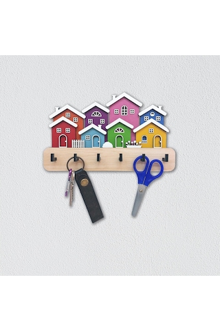 Cajuart Yanyana Renkli Evler Ahşap Dekoratif Duvar Askısı Anahtarlık Modern Dekor