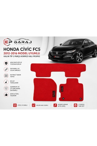 Honda Civic Fc5 2016-2021 Model Uyumlu Kırmızı Kalın Tip Halı Paspas Takımı 3 Parça Tam Set
