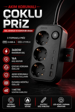 Akım Korumalı 3'lü Topraklı Priz 2 Usb-a 2 Type-c 3680w 16a Anahtarlı Duvara Monte Edilebilir Çoçuk Korumalı 1 M