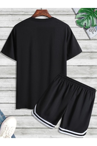 Altamira Erkek Siyah Bar Code Baskılı Şeritli Şort T-shirt Takım 001