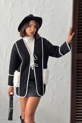 Verymoda Peluş Cep Detaylı Kapitone Ceket Siyah