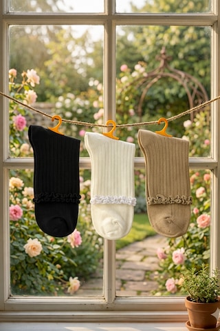 Heren Socks Heren Lastik Fırfırlı 3'lü Kadın Çorap , Fitilli Fırfırlı Kolej Boy Ekru - Bej - Siyah
