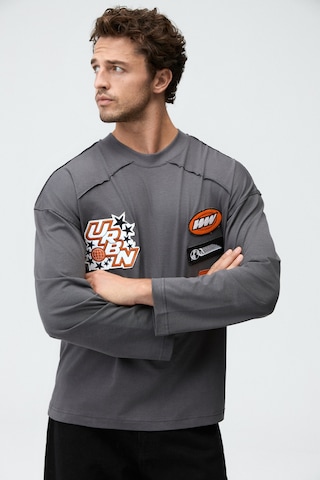 Grimelange Tıtus Erkek Organik Pamuklu Aplikeli Uzun Kollu Gri T-shirt
