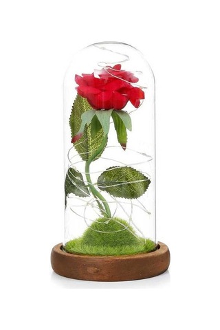 Ulzyvf Led Işıklı Ahşap Tablalı Dekoratif Cam Kubbeli Suni Gül - Romantik Hediye