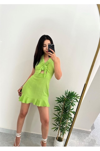 Simli Moda Sırt Dekolteli Önü Bağlamalı Bürümcük Yeşil Elbise Yeşil