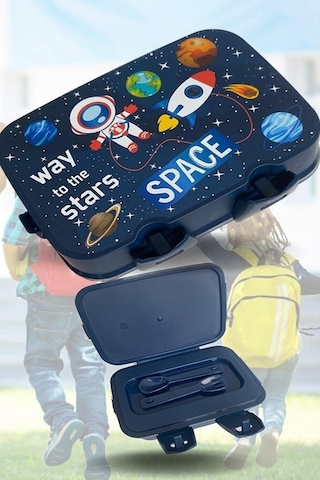 Lisanslı 4 Bölmeli Beslenme Kutusu Yemek Saklama Kabı - Beslenme Çantası Çocuk Piknik Seti Mama Kabı Space