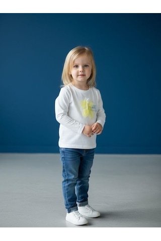 Zekids Kız Bebek Pamuklu Çiçek İşlemeli Yazı Baskılı İnce Uzun Kollu T-shirt-16553 Çok Renkli