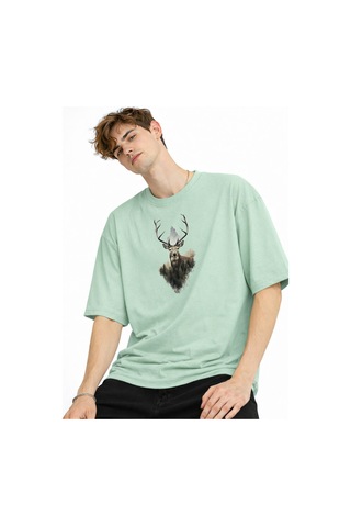Misa Tahtakale Deer - Oversize Erkek Tişört Su Yesılı Çok Renkli