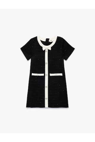 Koton Bol Kalıp Bisiklet Yaka Düğmeli Kurdele Detaylı Kısa Kollu Elbise Siyah 6wkg80033aw Siyah
