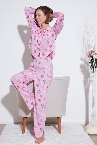 Lela Desenli Rahat Kesim Bol Paça Yazlık Bayan Pijama Takımı 6110014 Şeker Pembe