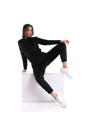 Winmoda34 Kadife Eşofman Takımı Kapüşonlu Fransız Kadife Yumoş Siyah