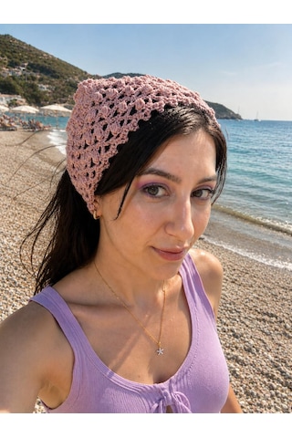 Pudra Pembe Kadın Bohem El Örgü Bandana