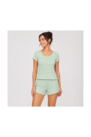 Bonbon Kadın Bohçalık Çeyizlik Hediyelik Pointel Kumaş Şort Kısa Kol Tshirt Ve Bralet 3'lü Pijama Takım Bb2414 Yeşil