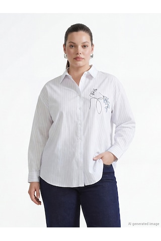 Lcw Comfort Mavi Çizgili Kadın Poplin Gömlek