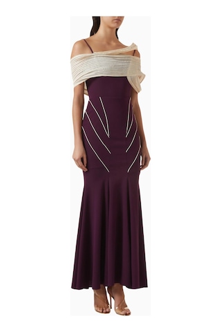 Ac By Aanchal Chanda Off - Shoulder Pileli Maxi Kadın Elbise Koyu Mor