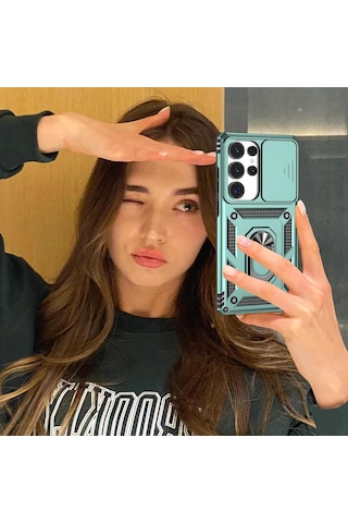 Samsung Galaxy S25 Ultra Uyumlu Kamera Sürgülü Tank Kılıf Ve Temperli Cam Ekran Koruyucu Set Yeşil