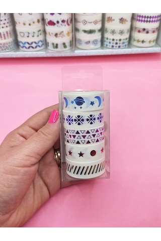 Renkli Yaldızlı Vintage Washi Tape Bant Yapışkanlı Maskeleme Kağıdı 5 Lı - Gezegen 1