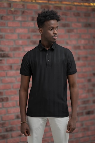 Regular Fit Likralı Kendinden Çizgili Polo Yaka T-shirt Siyah