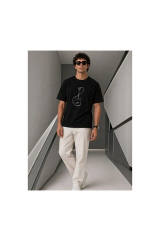 Butik İstanbul Erkek Minimal Gitar Baskılı Tişört T-shirt Yazlık Kısa Kol Bisiklet Yaka T-shirt - Siyah