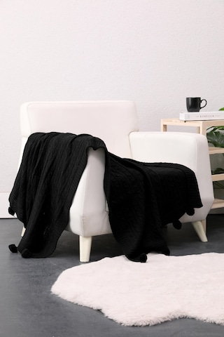 Biocotton Triko Ponponlu Örgü Tv Battaniyesi - Siyah