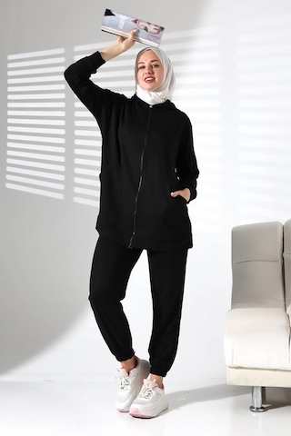 Kadın Mevsimlik Alt Üst Rahat Siyah Spor Ikili Tunik Pantolon Şık Tesettür Takım Siyah