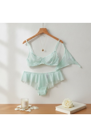 Bonbon Kadın Tül Transparan Balenli Sütyen, Checky Ve String Külotlu 3 Lü Paket Bb2621 Yeşil