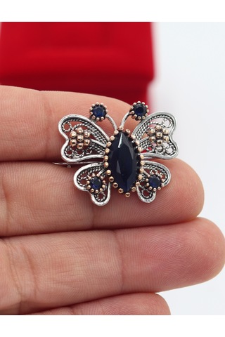 Safir Taşlı Kelebek Model Telkari Gümüş Kadın Broş 201025416 Gümüş